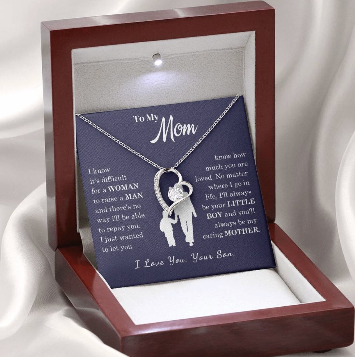 Mom's heart-shaped necklace in the light box